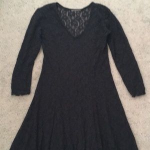 VINTAGE Black V-Neck Maxi Dress Lace Long Sleeve Small